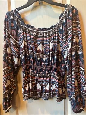 Sterling & Stitch Smocked Waist Boho Peasant Blouse in Navy, Rust & Cream